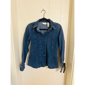 Liz Claiborne Denim Button Down Shirt Medium Wash Blue Cinched Top Small